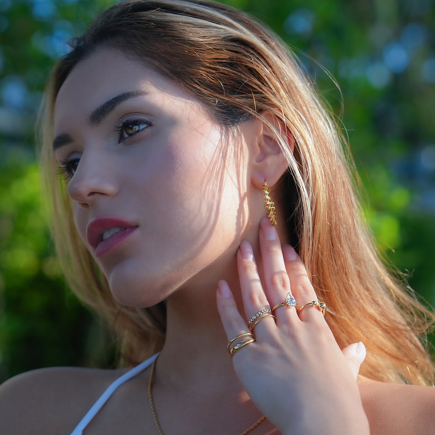 SPRINGDALE Gold: Textured Geometric Square Beaded Hoop Earrings