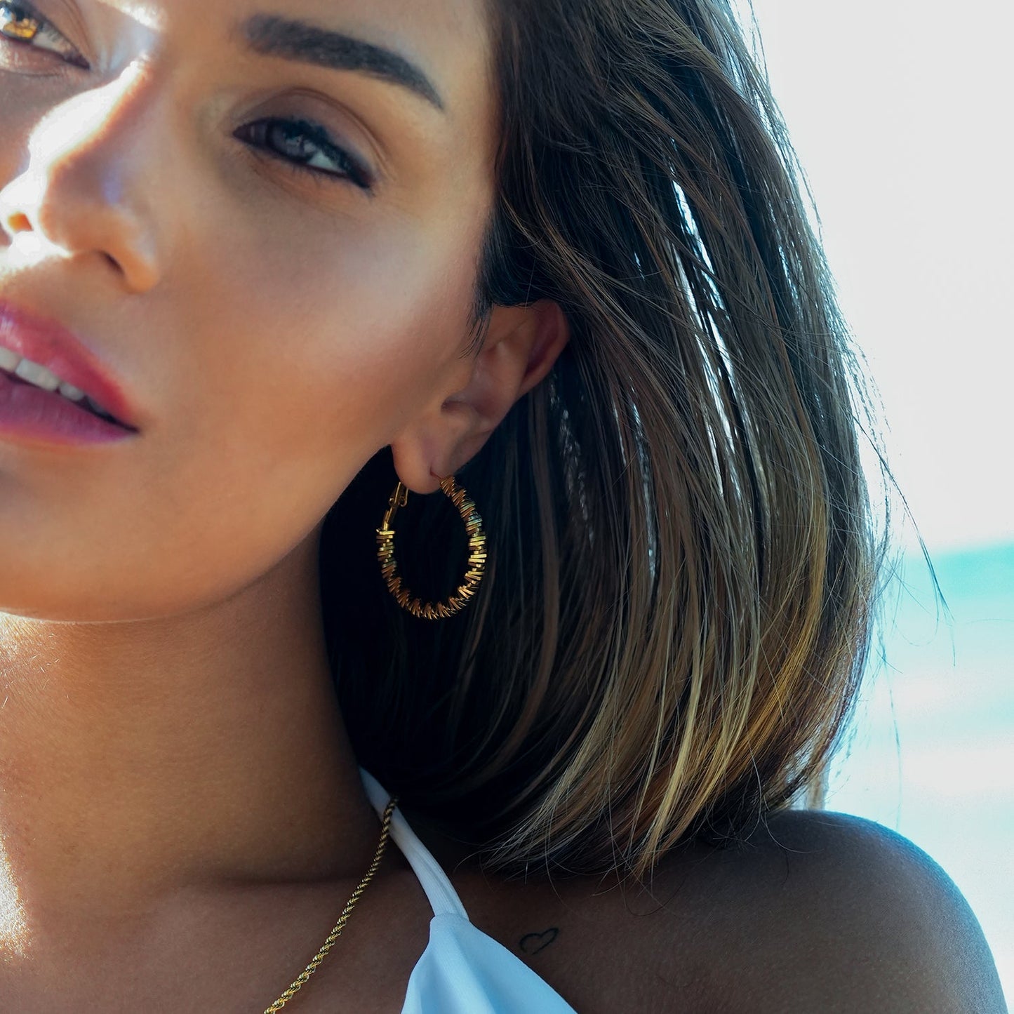 SPRINGDALE Gold: Textured Geometric Square Beaded Hoop Earrings