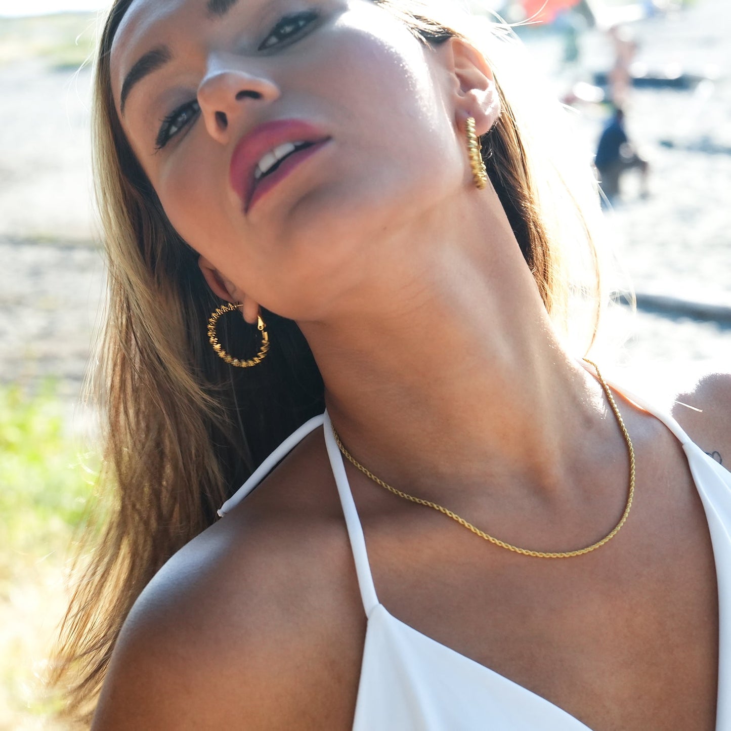 SPRINGDALE Gold: Textured Geometric Square Beaded Hoop Earrings