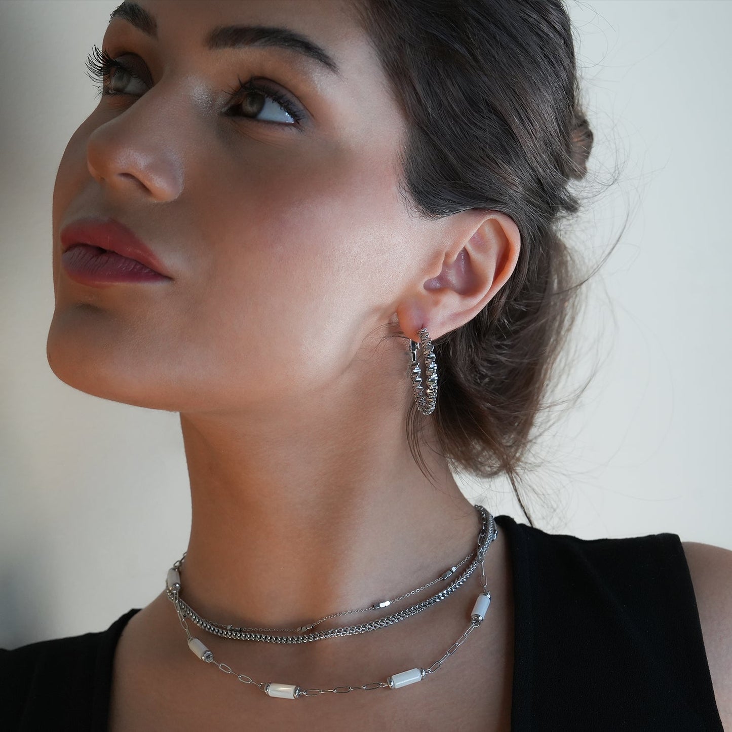 Style SPRINGDALE Silver: Textured Geometric Square Beaded Hoop Earrings