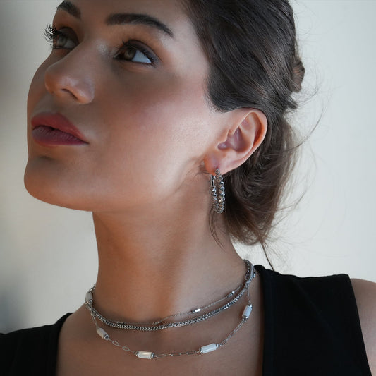 Style SPRINGDALE Silver: Textured Geometric Square Beaded Hoop Earrings