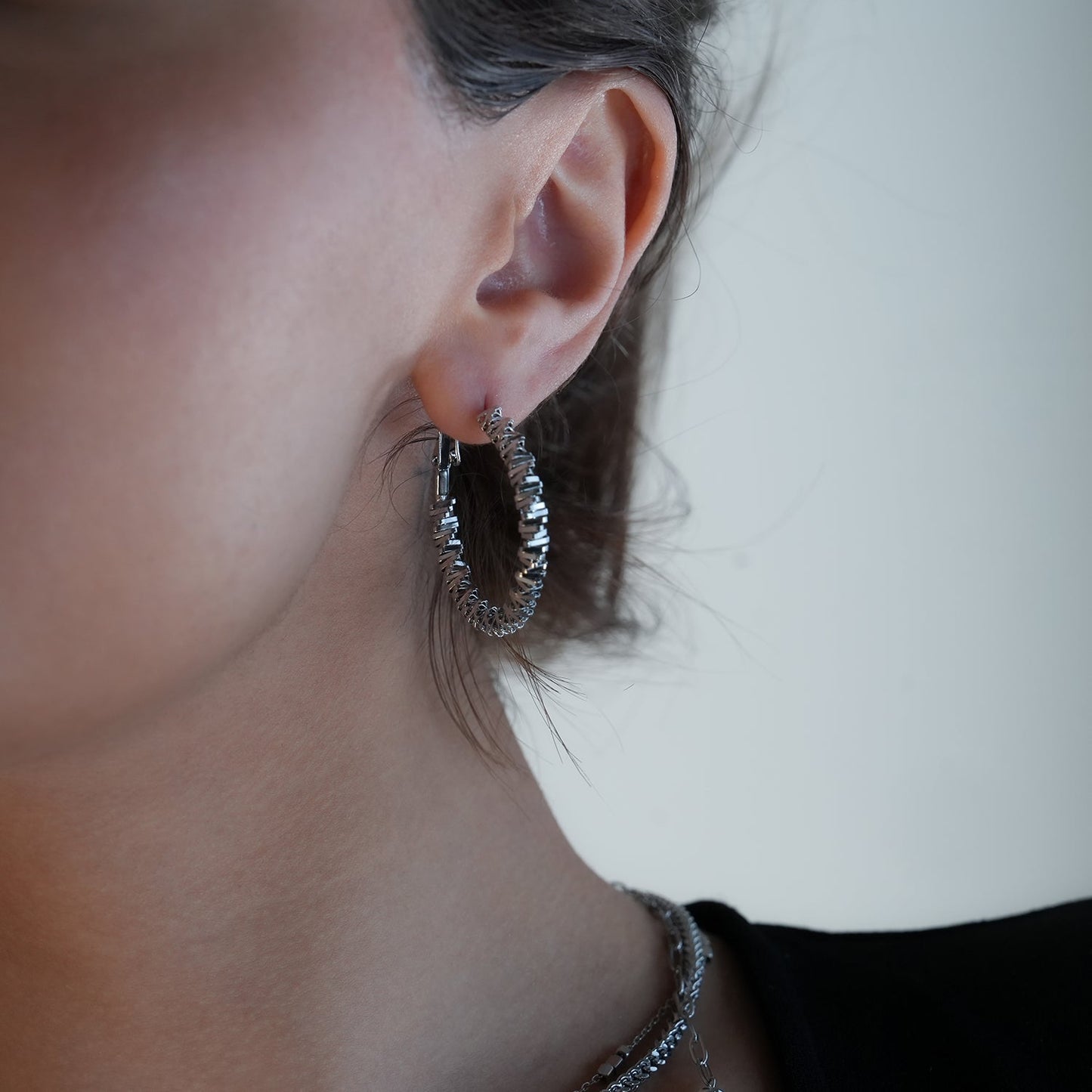 Style SPRINGDALE Silver: Textured Geometric Square Beaded Hoop Earrings