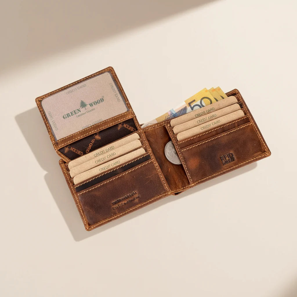 Greenwood Men's Leather Bifold Wallet. Premium RFID Protection Wallet with Flip Compartment