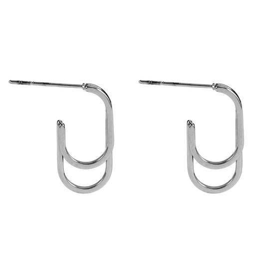 St SIMON White Gold (Silver Toned): Rounded Corners Double Rectangle Hoop Earrings