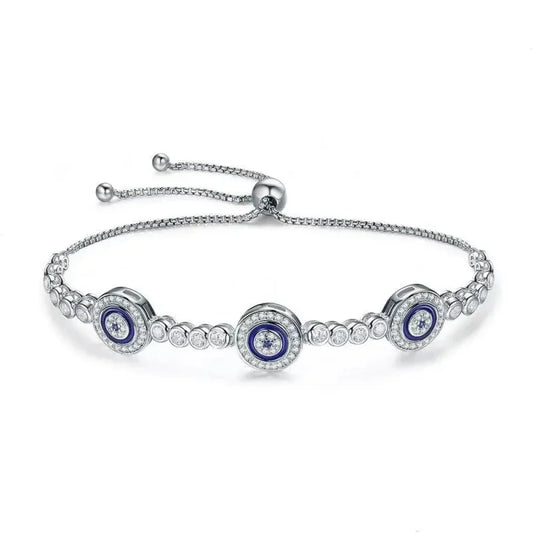 Genuine 925 Sterling Silver Luxury Evil Eye Tennis Bracelet - Blue Cubic Zircon Crystal Accent, Jewelry Scb002
