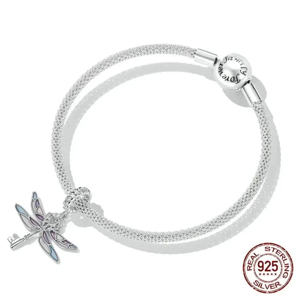 Sterling Silver Dragonfly Key Charm With Enamel - Colorful Pendant For Bracelets