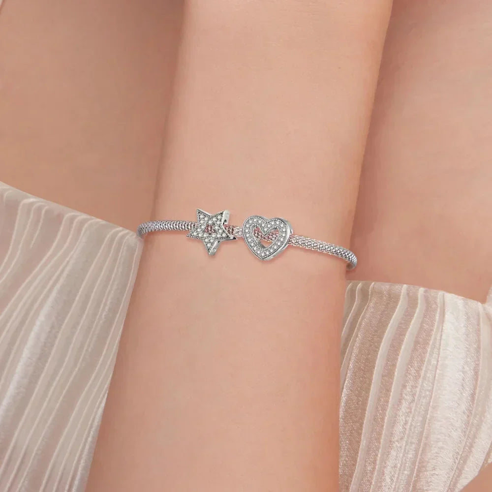 925 Sterling Silver Clear 5A Crystal Collection Family Heart X-Shape Charm Beads for Charm Bracelet & Necklace Pendant