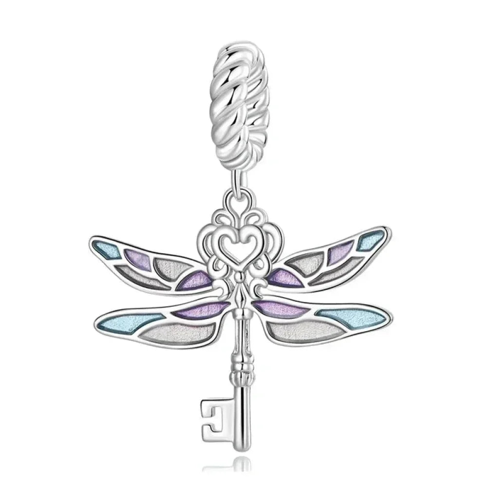 Sterling Silver Dragonfly Key Charm With Enamel - Colorful Pendant For Bracelets