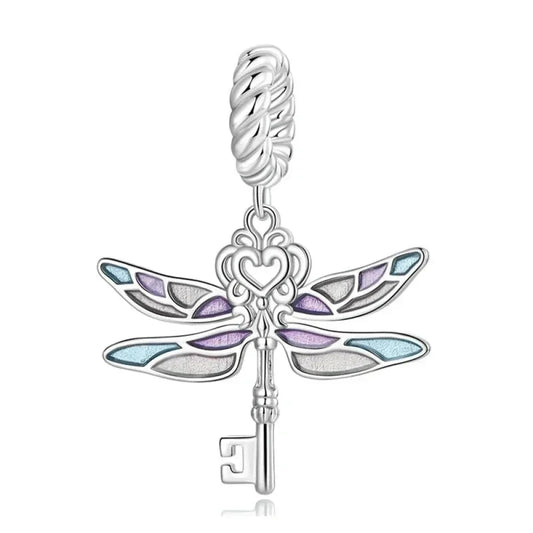 Sterling Silver Dragonfly Key Charm With Enamel - Colorful Pendant For Bracelets