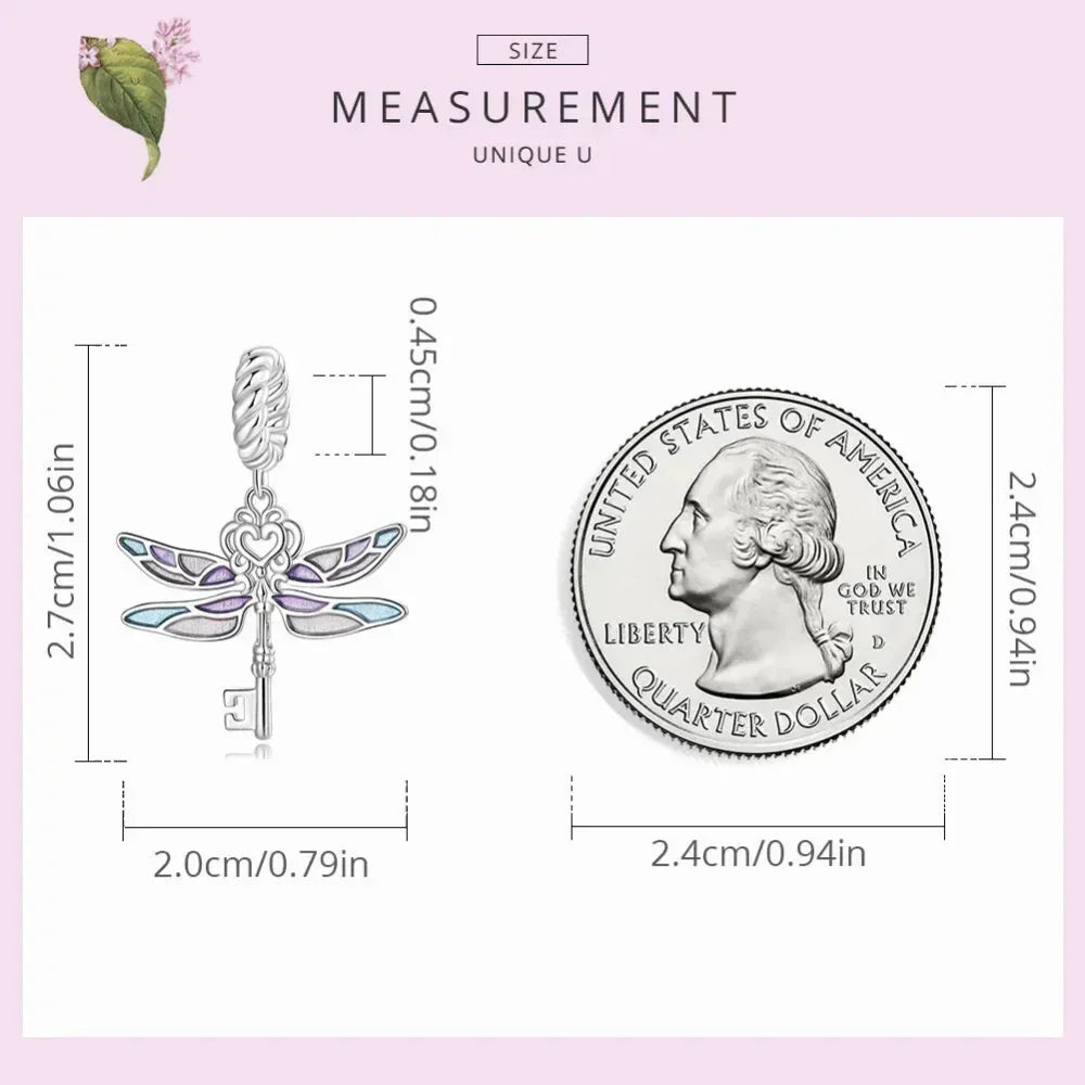 Sterling Silver Dragonfly Key Charm With Enamel - Colorful Pendant For Bracelets