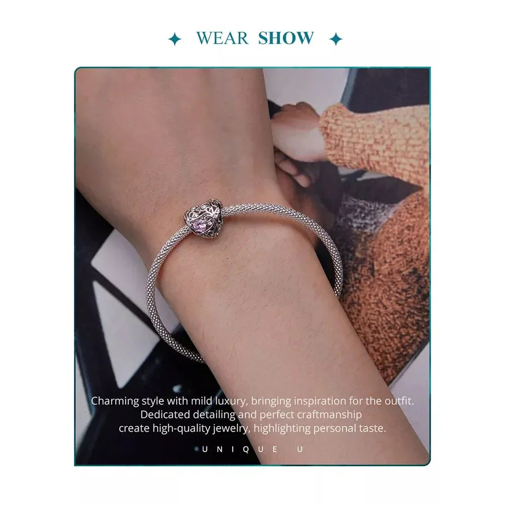 925 Sterling Silver Diy Heart Charm With Pink Zircon - Bsc777