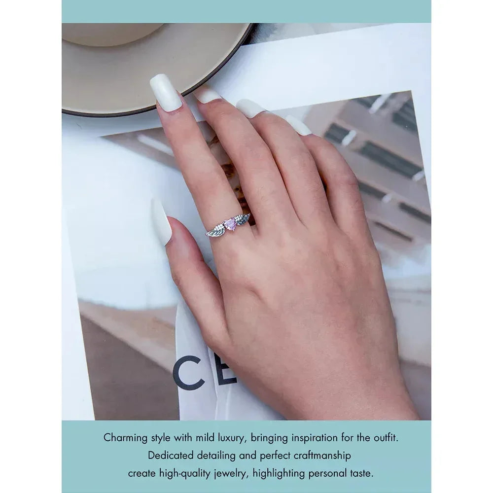 925 Sterling Silver Pink Heart Wing CZ Ring