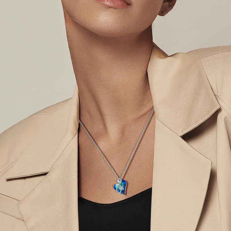 925 Sterling Silver Blue Crystal Heart & Butterfly Necklace