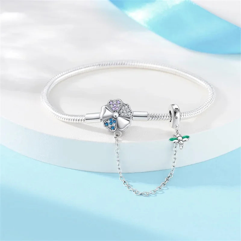 Sterling Silver Clover & Dragonfly Charm Bracelet with Safety Chain