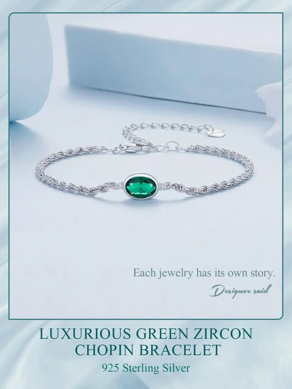 Sterling Silver Chopin Bracelet with Green Zircon – Adjustable