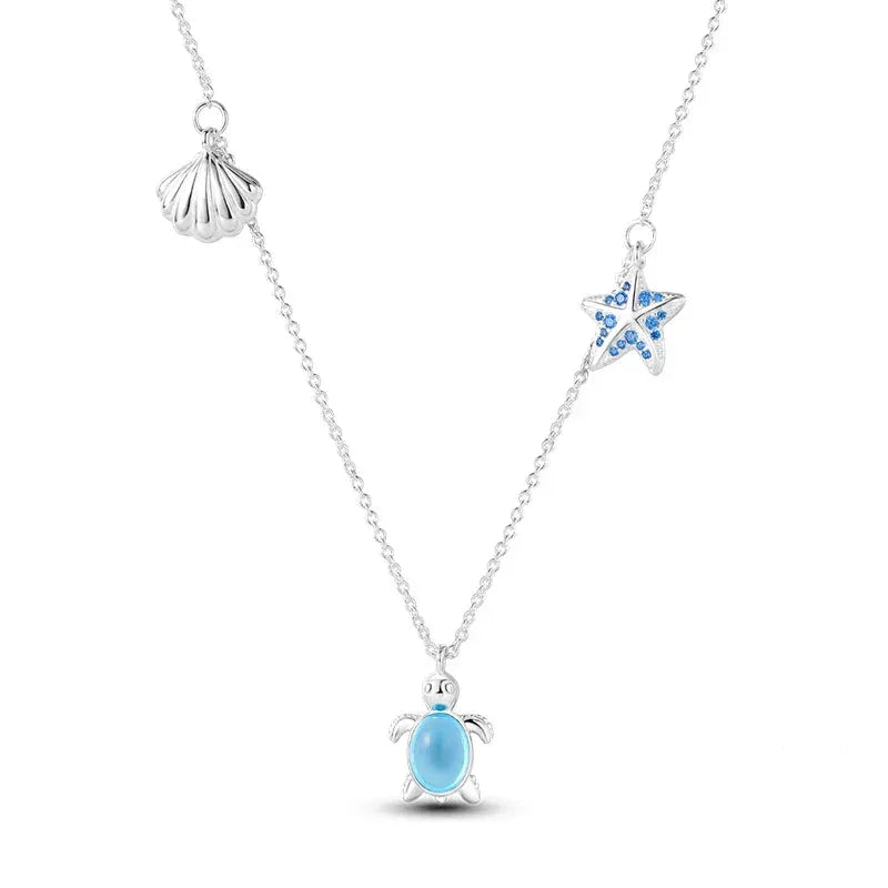 Sea Turtle Sterling Silver Necklace With Starfish And Seashell Charm