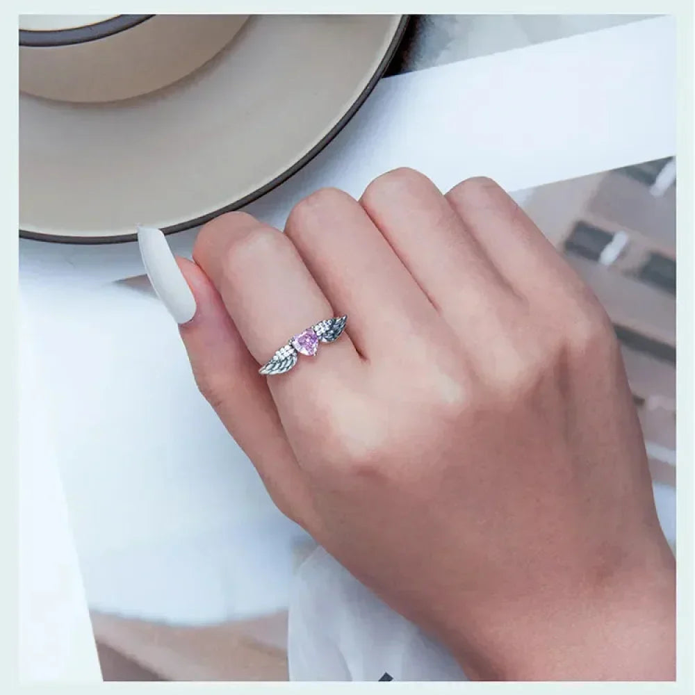925 Sterling Silver Pink Heart Wing CZ Ring
