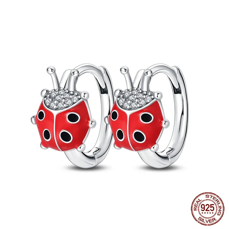 Ladybug Sterling Silver Hoop Earrings With Cubic Zirconia
