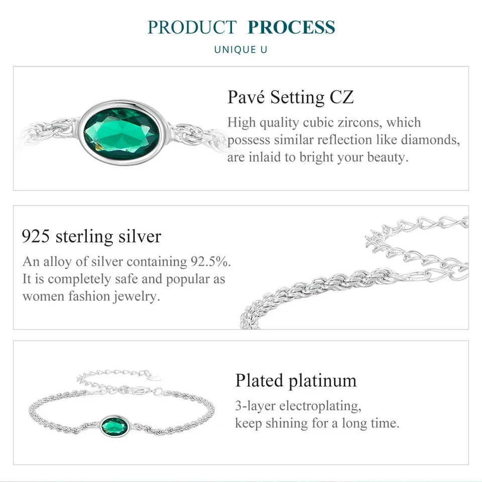 Sterling Silver Chopin Bracelet with Green Zircon – Adjustable