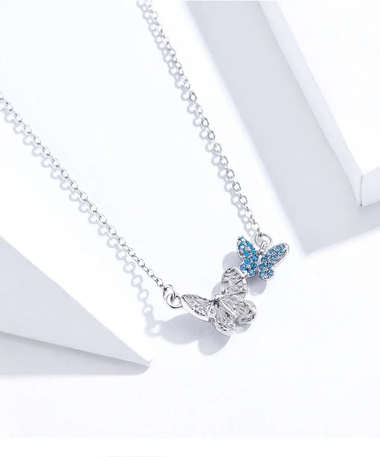 Soar with Style: Blue Zircon Korean Style Sterling Silver Butterfly Necklace