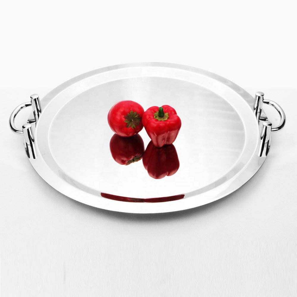 16" Stainless Steel Round Serving Tray with Silver Handles