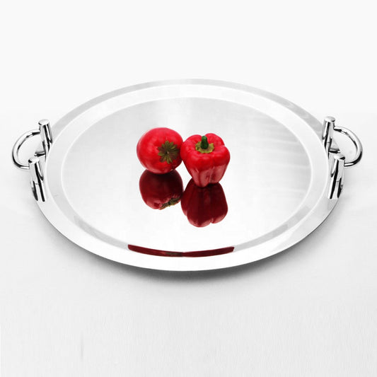16" Stainless Steel Round Serving Tray with Silver Handles