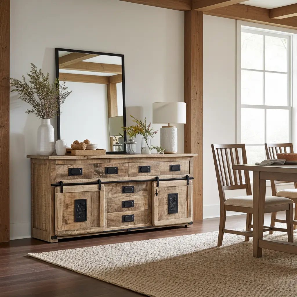 Buffet Farmhouse en bois de manguier brut avec portes coulissantes