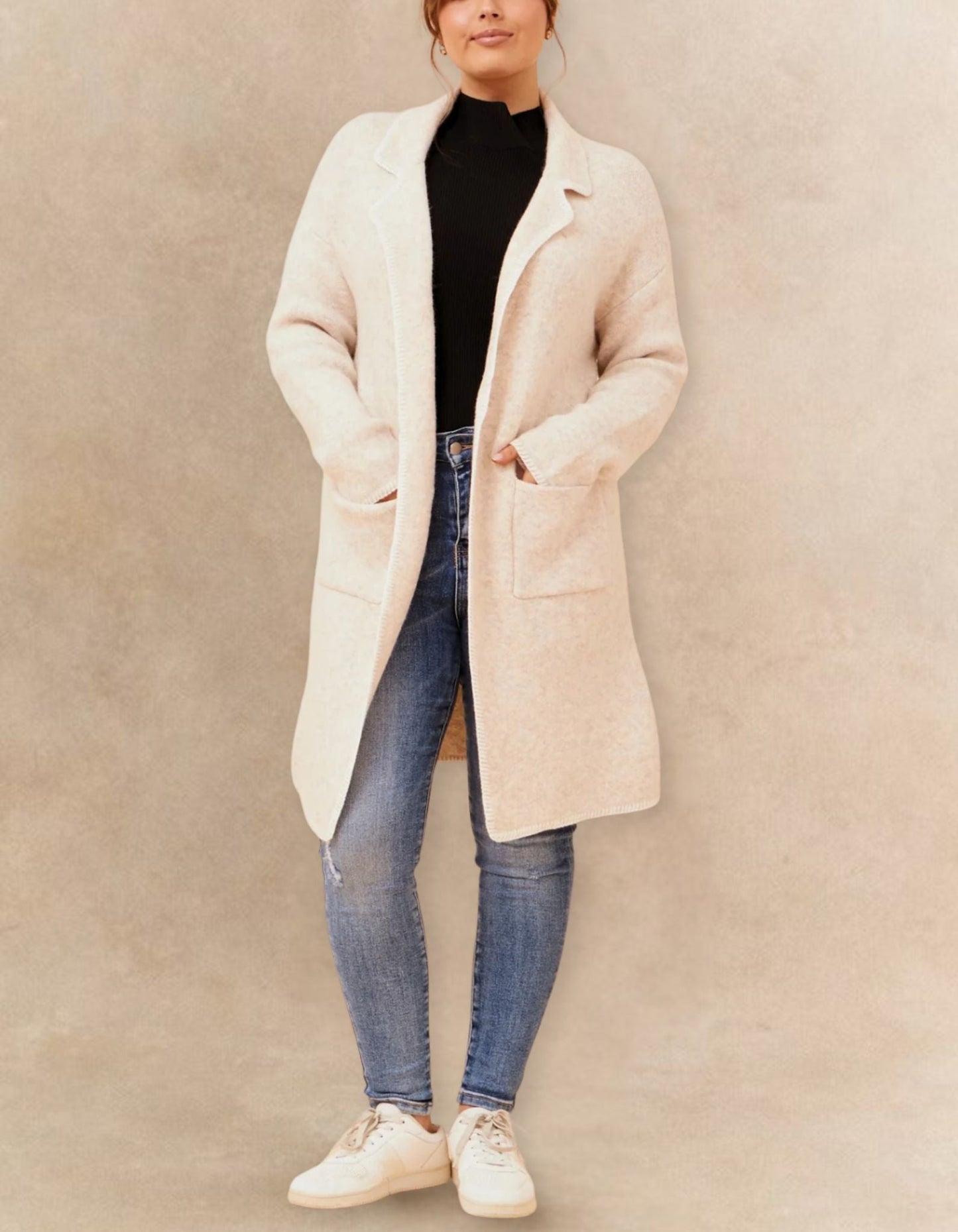 Solana Knit Cardigan Long Open-Front Contrast Stitching Pockets