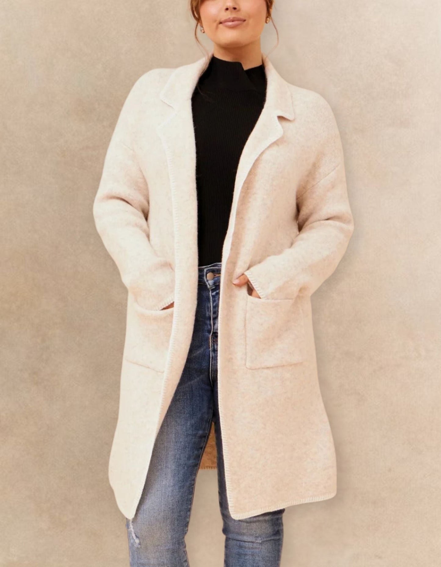 Solana Knit Cardigan Long Open-Front Contrast Stitching Pockets