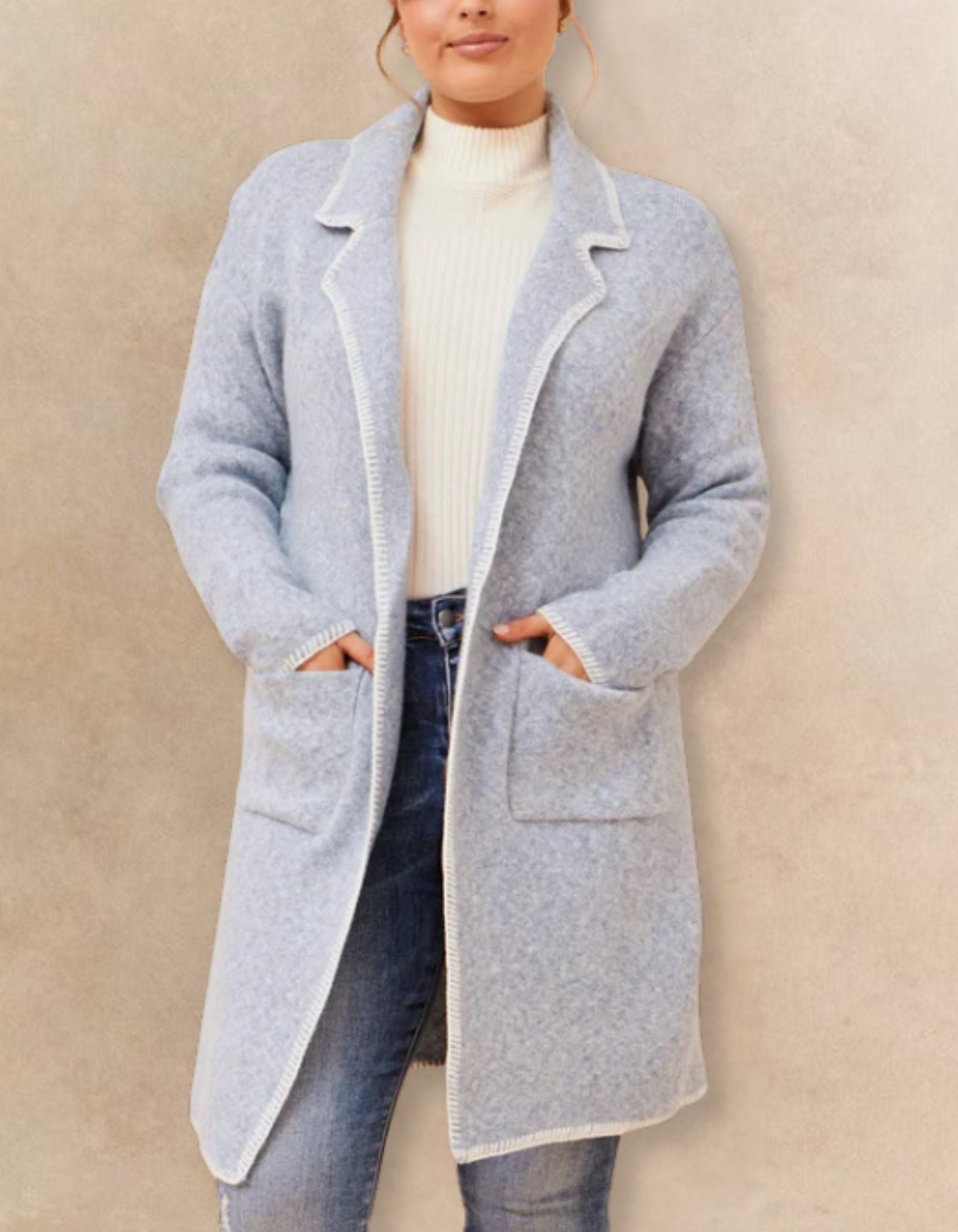 Solana Knit Cardigan Long Open-Front Contrast Stitching Pockets