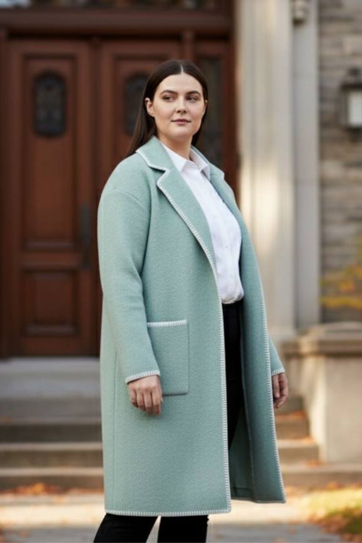 Solana Knit Cardigan Long Open-Front Contrast Stitching Pockets