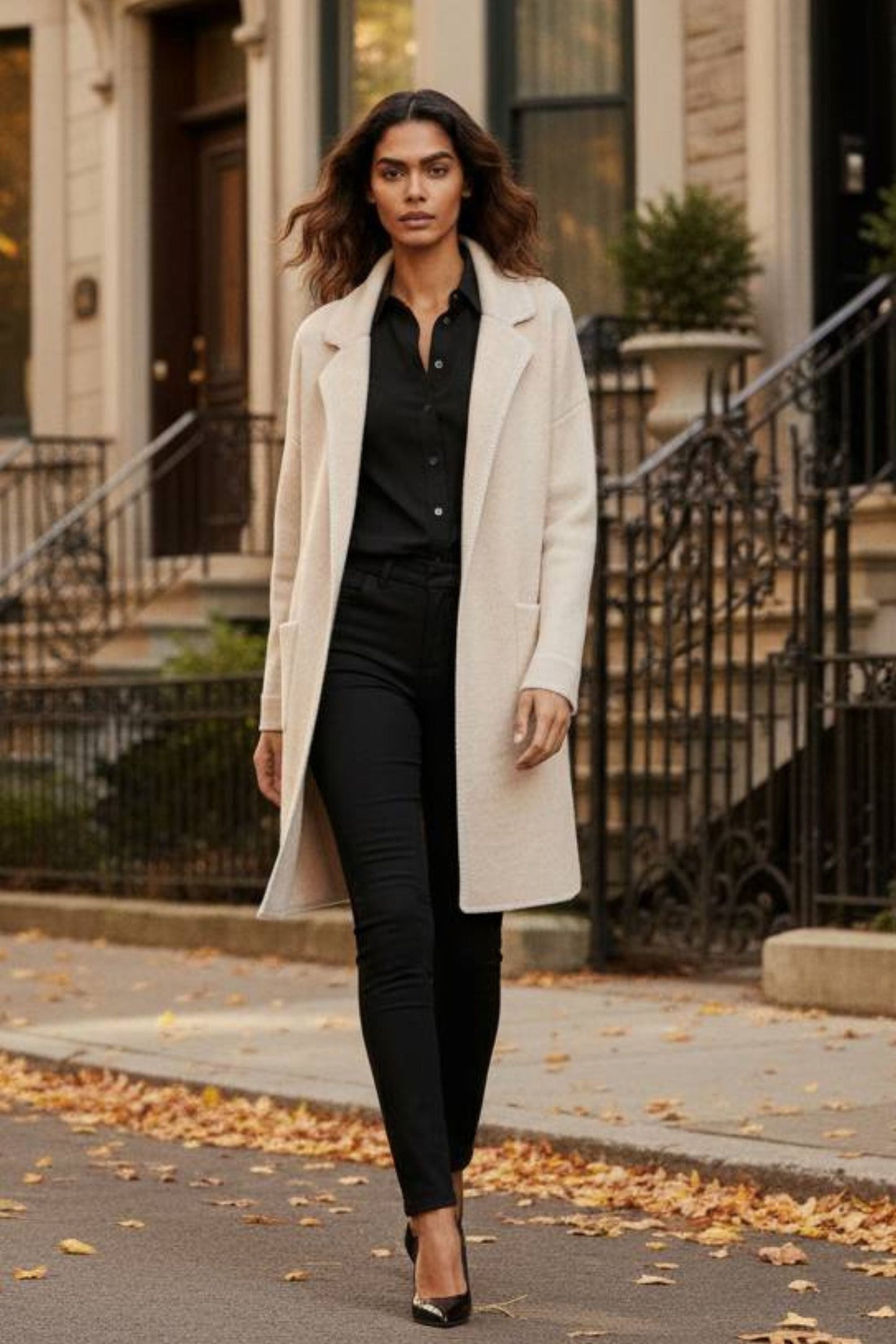 Solana Knit Cardigan Long Open-Front Contrast Stitching Pockets