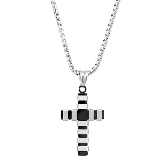 Steeltime Striped Cross Pendant Necklace