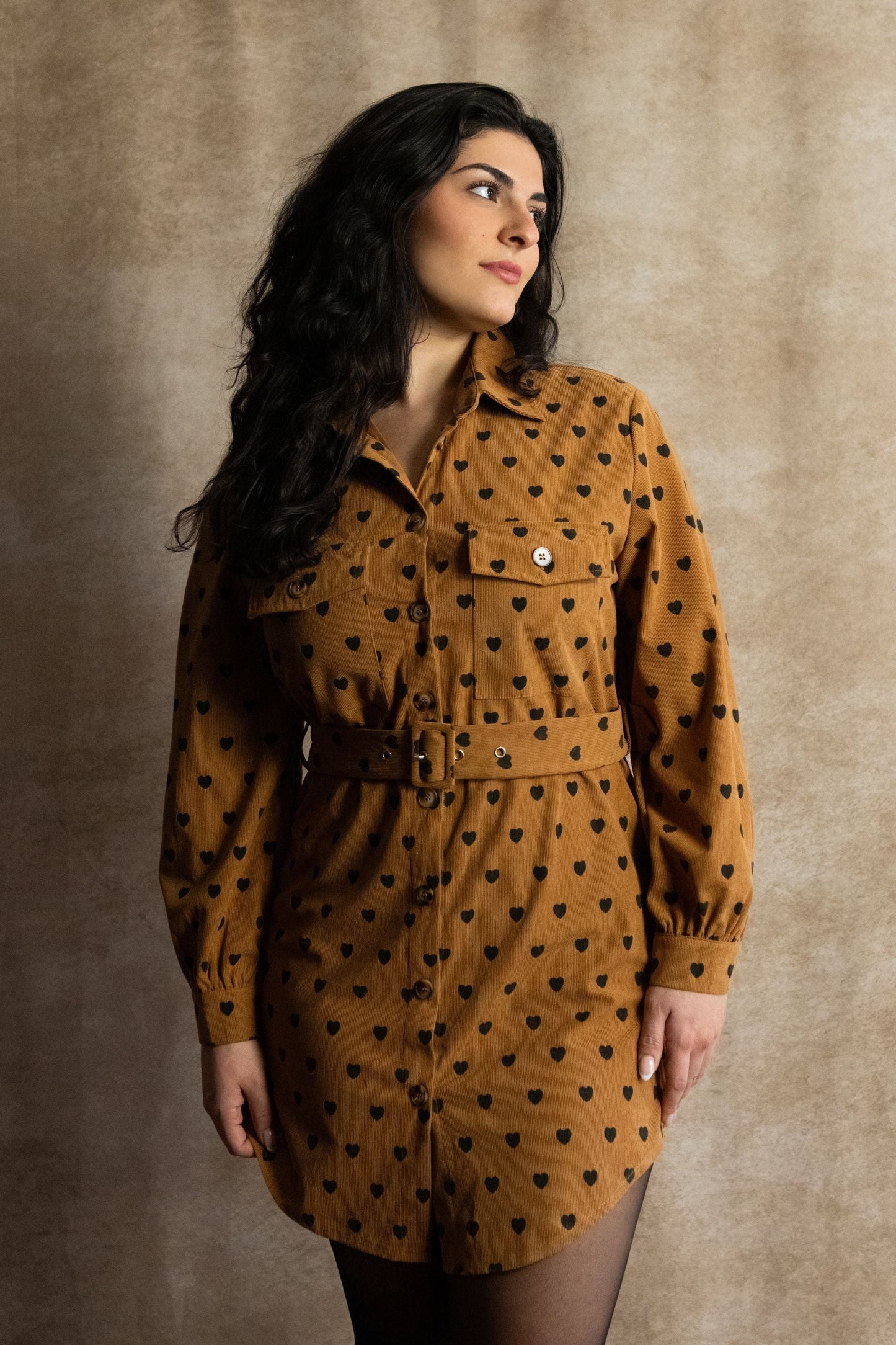 Stephanie Heart Print Tunic Shirt Long Sleeve Button Down Belted