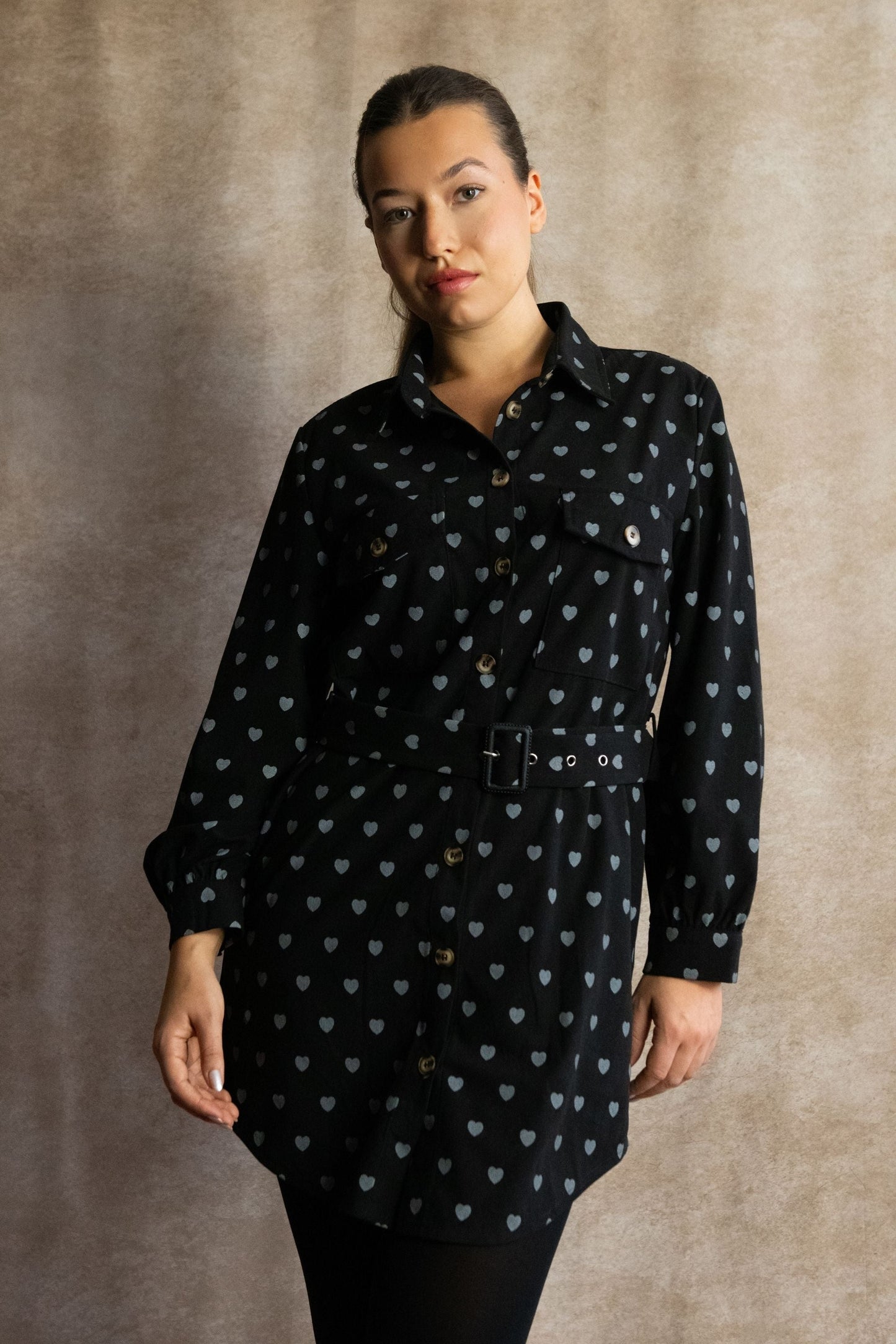 Stephanie Heart Print Tunic Shirt Long Sleeve Button Down Belted