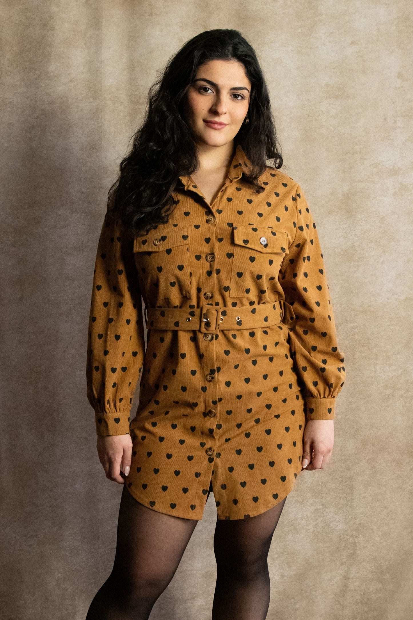 Stephanie Heart Print Tunic Shirt Long Sleeve Button Down Belted