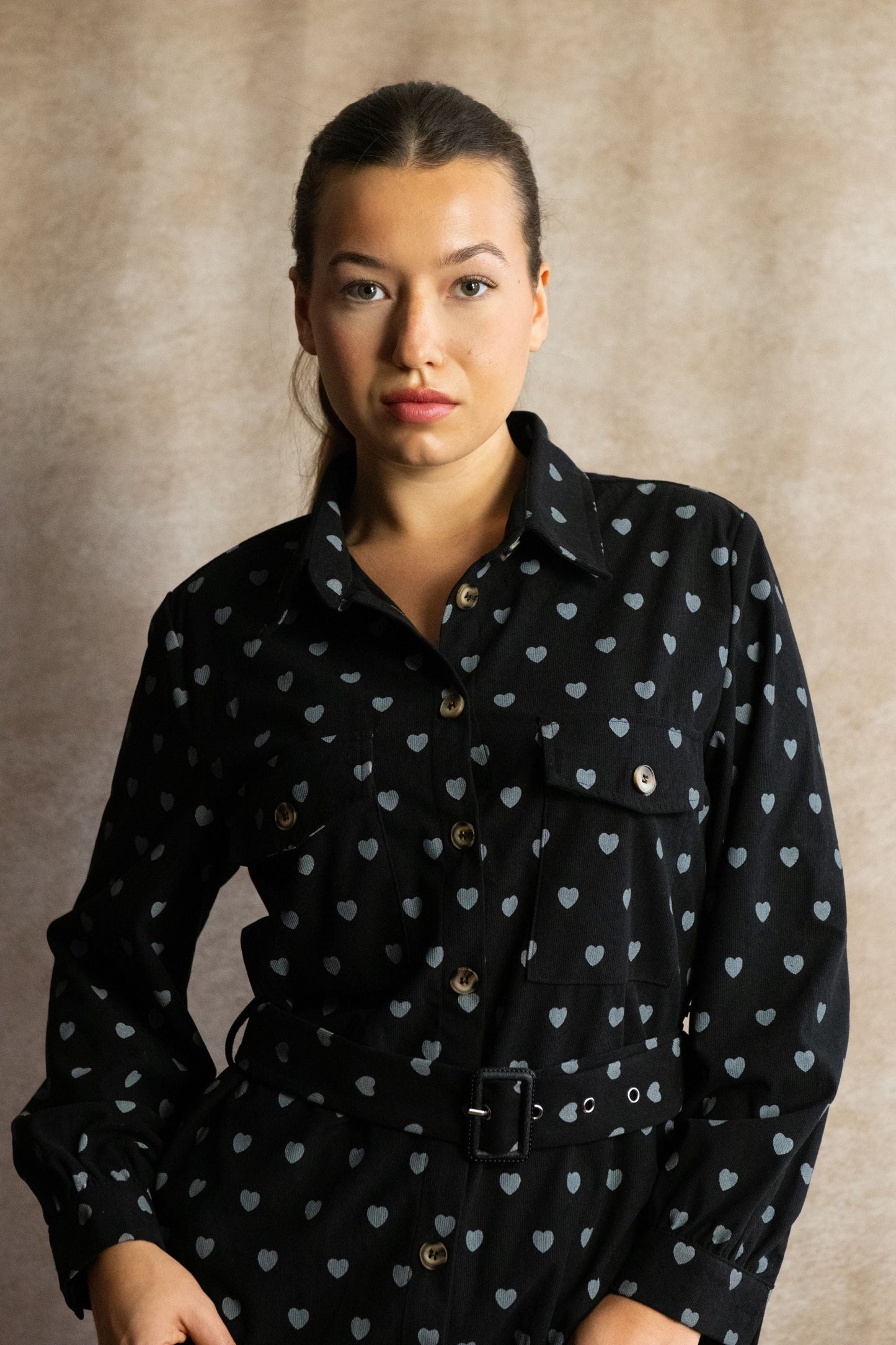 Stephanie Heart Print Tunic Shirt Long Sleeve Button Down Belted