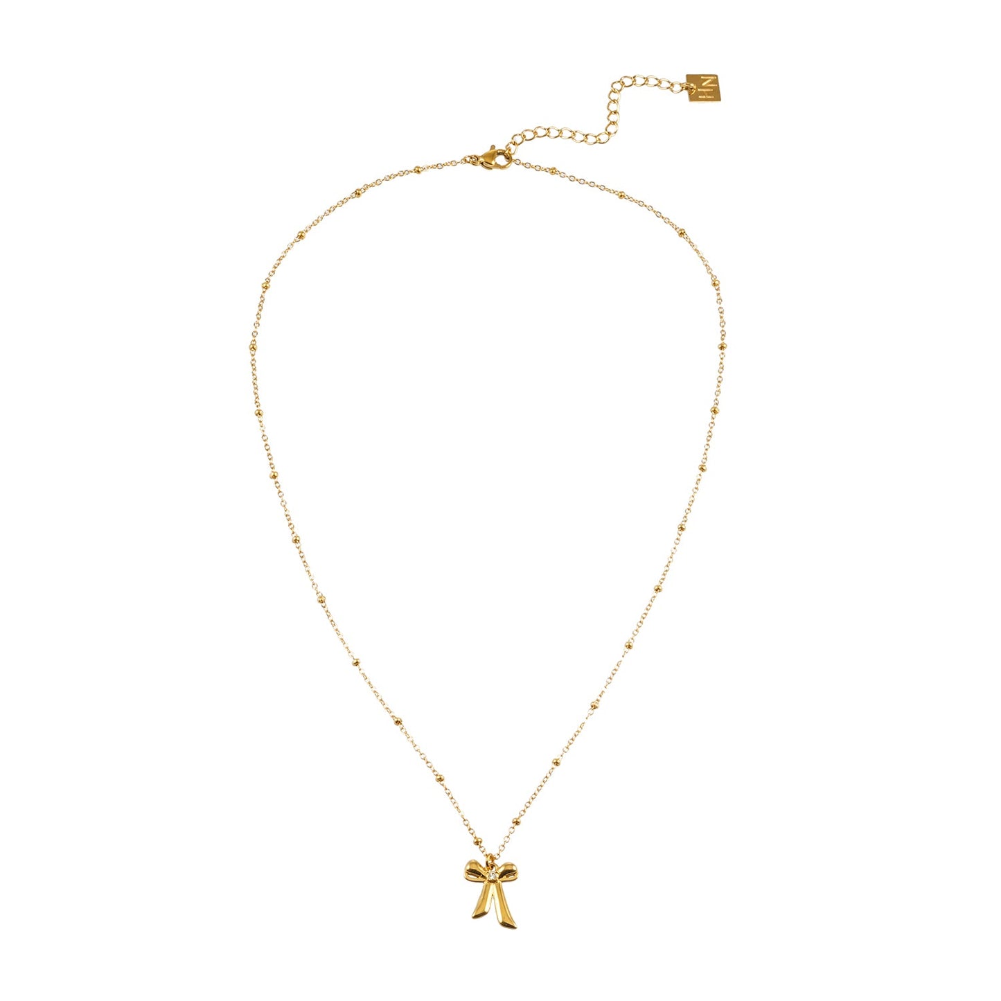 TALIANA Gold: Dainty Beaded Chain Necklace with Bow Pendant & Solitaire Zirconia – Elegant Everyday Jewelry