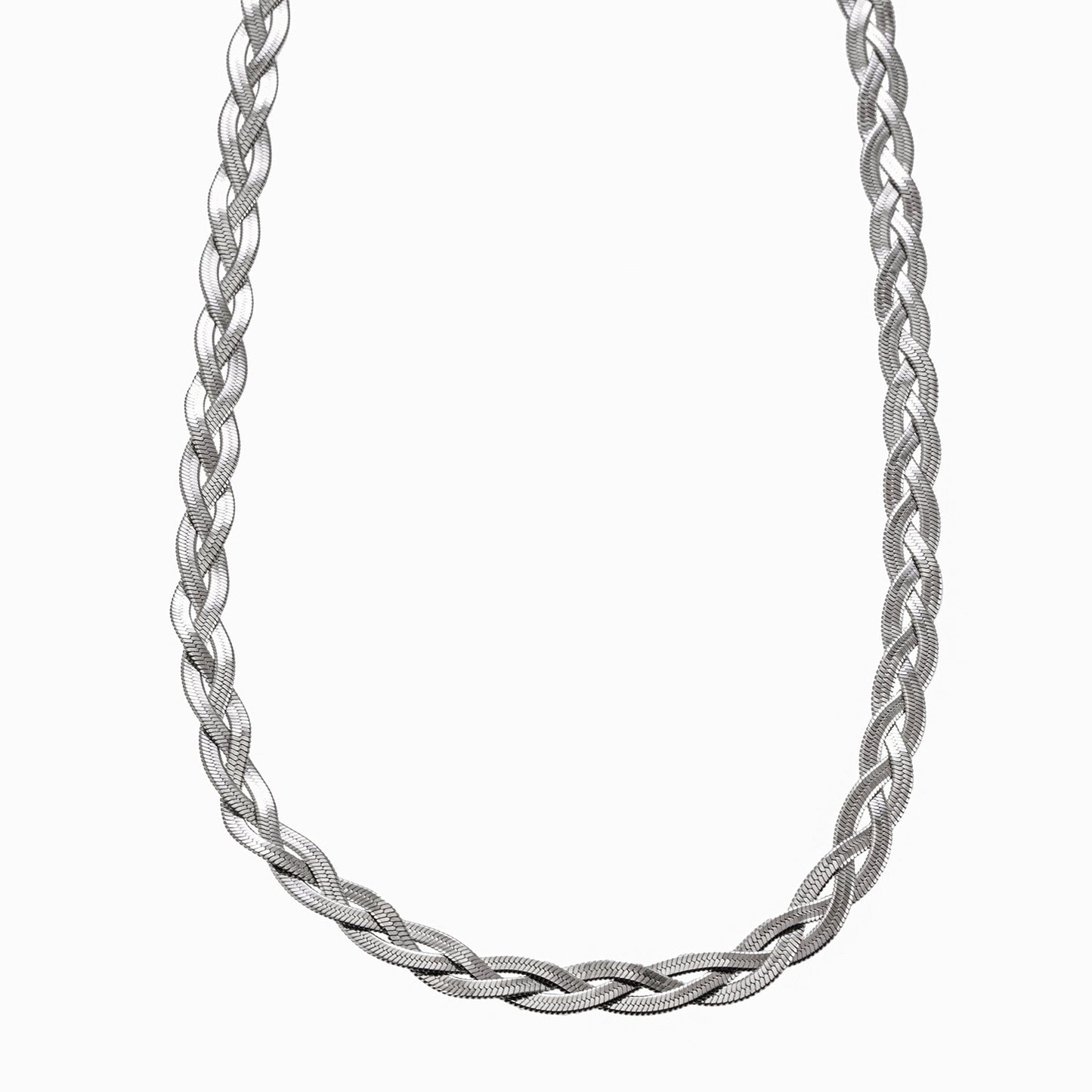 TARA White Gold (Silver Toned): Intertwined Herringbone Snake Skin Textured Necklace.