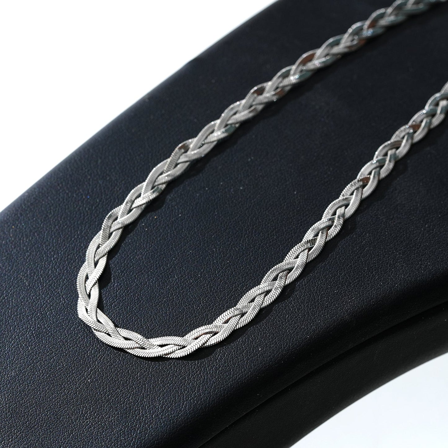 TARA White Gold (Silver Toned): Intertwined Herringbone Snake Skin Textured Necklace.