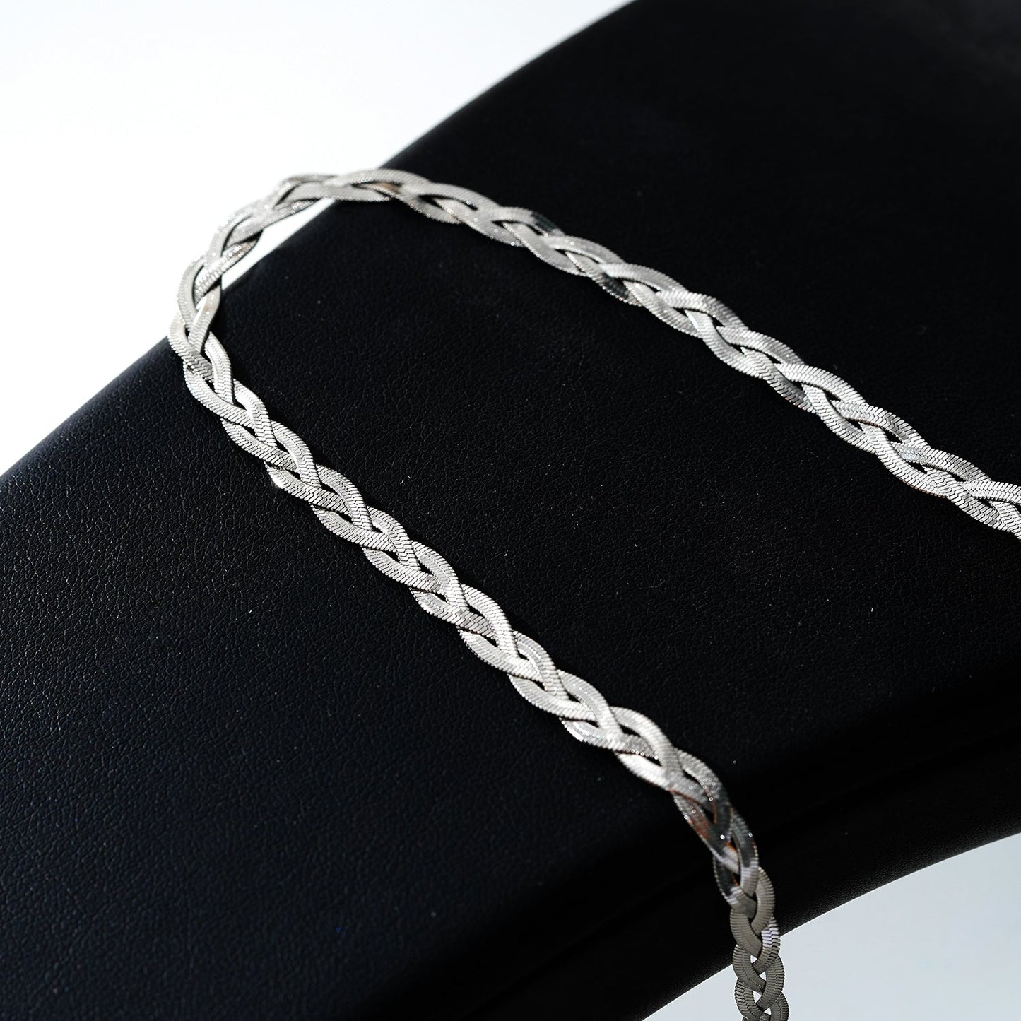 TARA White Gold (Silver Toned): Intertwined Herringbone Snake Skin Textured Necklace.