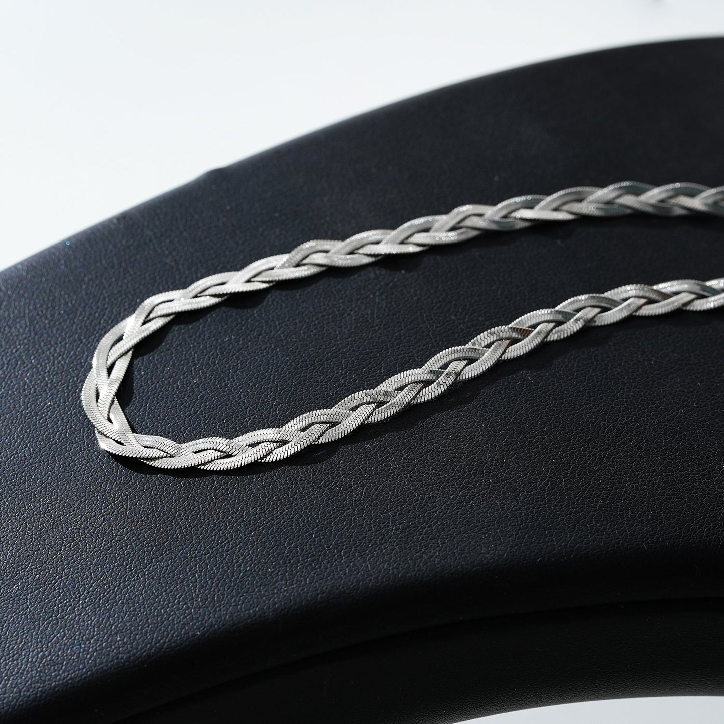 TARA White Gold (Silver Toned): Intertwined Herringbone Snake Skin Textured Necklace.