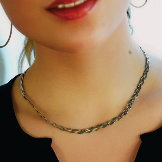 TARA White Gold (Silver Toned): Intertwined Herringbone Snake Skin Textured Necklace.