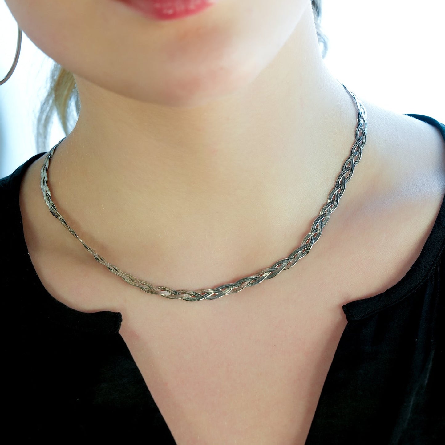 TARA White Gold (Silver Toned): Intertwined Herringbone Snake Skin Textured Necklace.