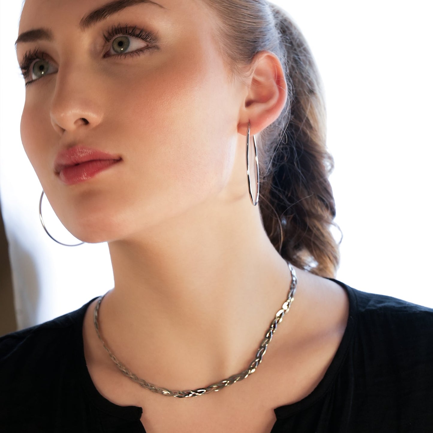 TARA White Gold (Silver Toned): Intertwined Herringbone Snake Skin Textured Necklace.