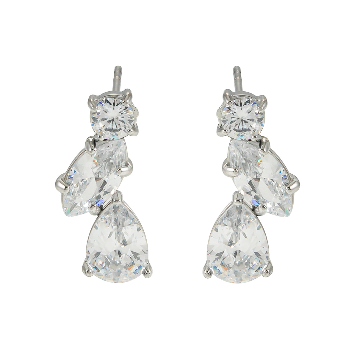 THEOLA: Radiance Triple Moissanite Stack Stud Earrings in Silver Toned White Gold