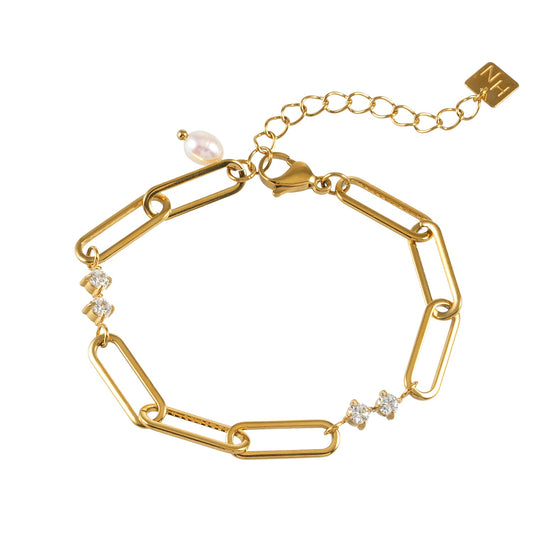 TIANINA Gold Bracelet: Paper Clip Chain with Zirconia Accents & a Freshwater Pearl Charm