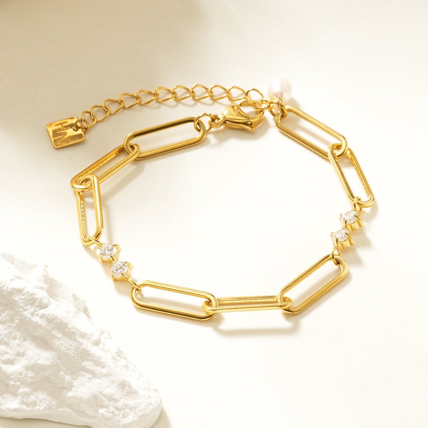 TIANINA Gold Bracelet: Paper Clip Chain with Zirconia Accents & a Freshwater Pearl Charm