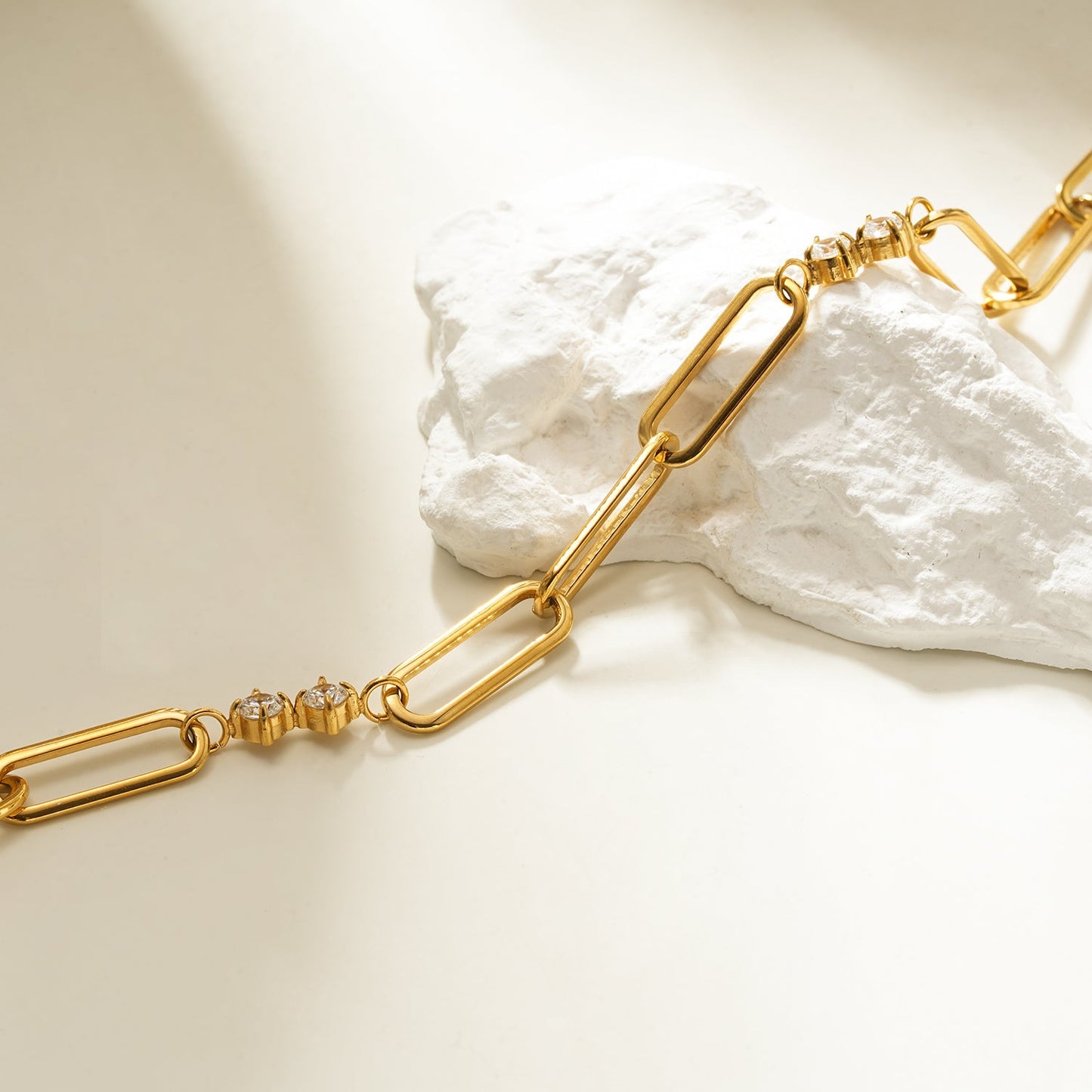 TIANINA Gold Bracelet: Paper Clip Chain with Zirconia Accents & a Freshwater Pearl Charm