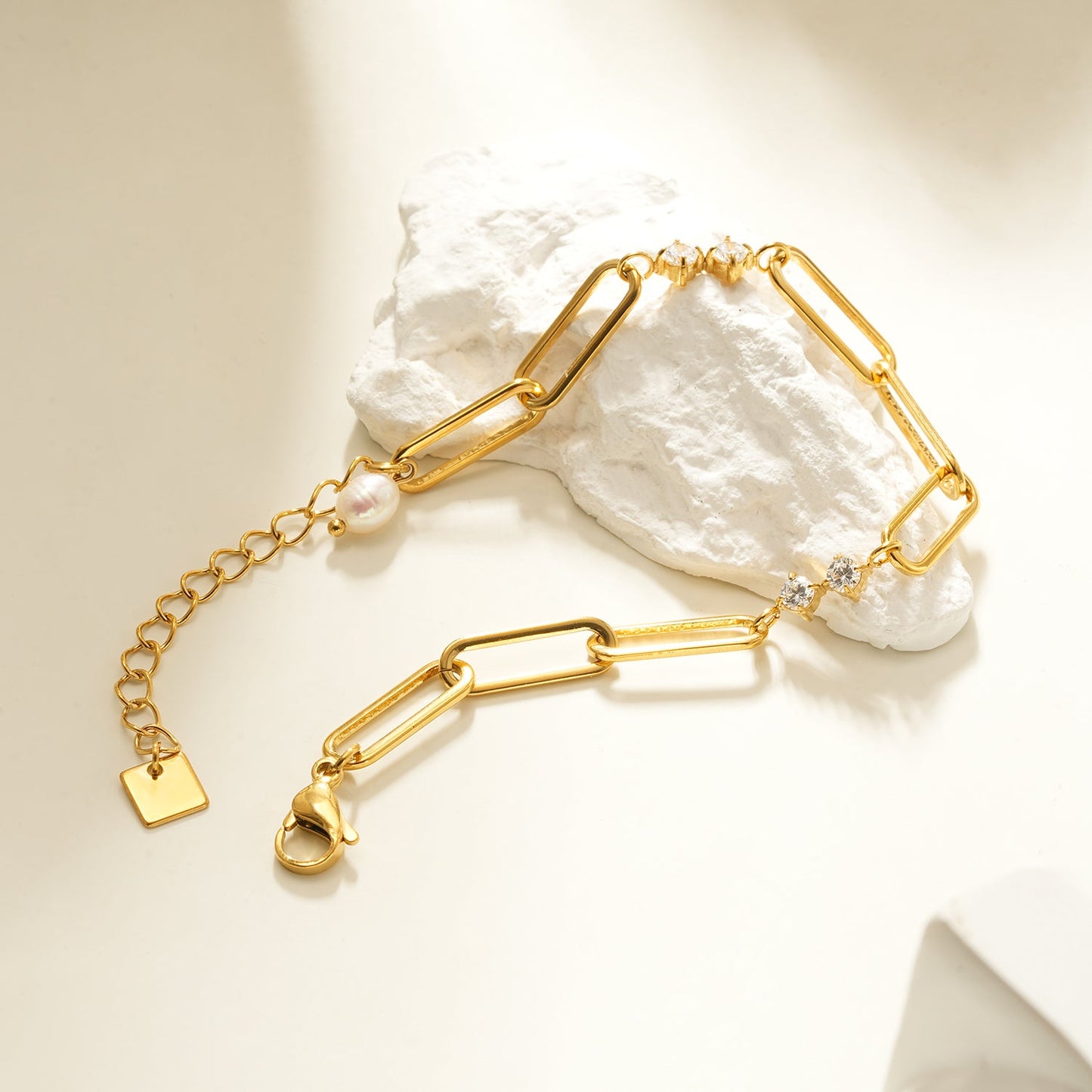 TIANINA Gold Bracelet: Paper Clip Chain with Zirconia Accents & a Freshwater Pearl Charm